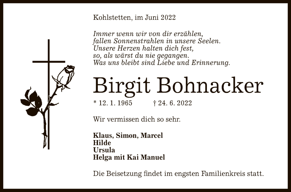  Traueranzeige für Birgit Bohnacker vom 28.06.2022 aus Reutlinger General-Anzeiger