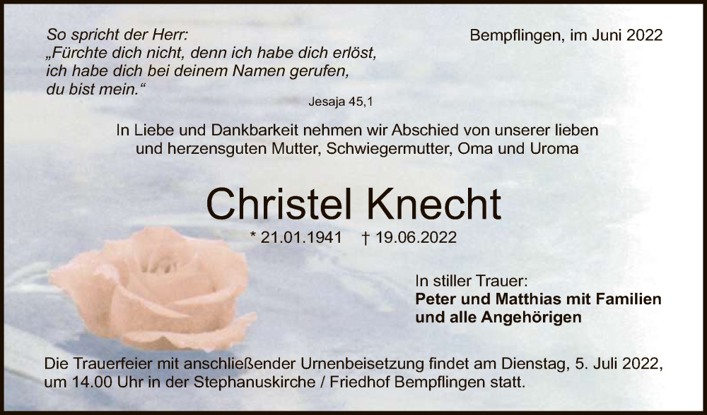  Traueranzeige für Christel Knecht vom 25.06.2022 aus Reutlinger General-Anzeiger