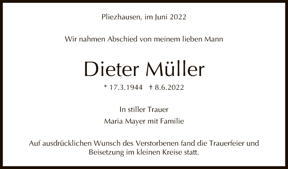  Traueranzeige für Dieter Müller vom 24.06.2022 aus Reutlinger General-Anzeiger