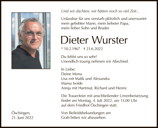 Anzeige von Dieter Wurster von Reutlinger General-Anzeiger