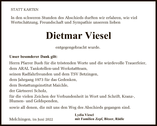 Anzeige von Dietmar Viesel von Reutlinger General-Anzeiger