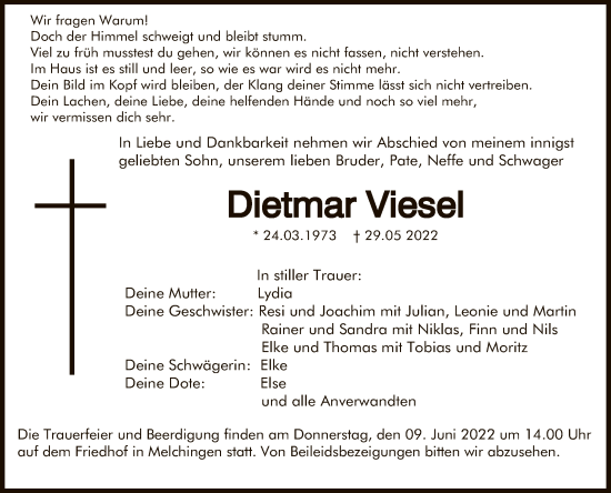 Anzeige von Dietmar Viesel von Reutlinger General-Anzeiger