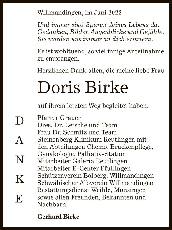 Anzeige von Doris Birke von Reutlinger General-Anzeiger