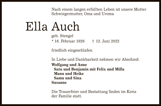 Anzeige von Ella Auch von Reutlinger General-Anzeiger