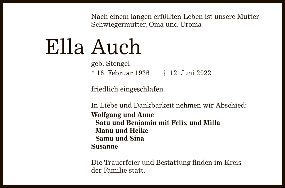  Traueranzeige für Ella Auch vom 17.06.2022 aus Reutlinger General-Anzeiger