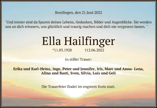 Anzeige von Ella Hailfinger von Reutlinger General-Anzeiger