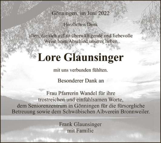 Anzeige von eLore Giaunsinger von Reutlinger General-Anzeiger