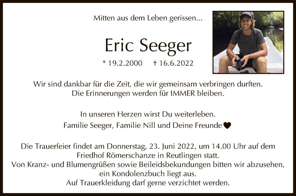  Traueranzeige für Eric Seeger vom 21.06.2022 aus Reutlinger General-Anzeiger