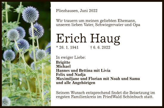 Anzeige von Erich Haug von Reutlinger General-Anzeiger