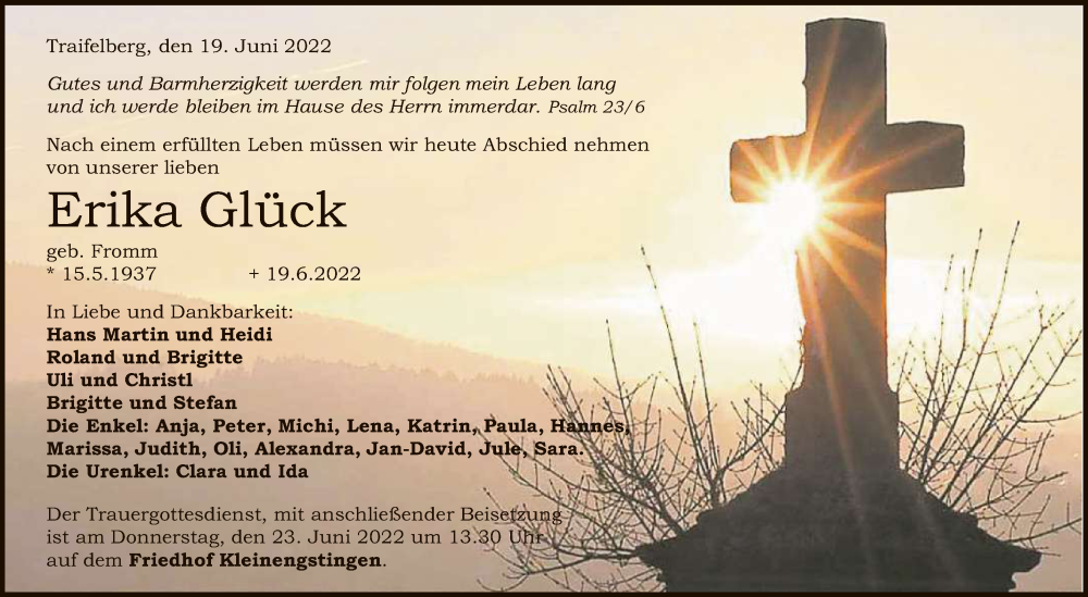  Traueranzeige für Erika Glück vom 21.06.2022 aus Reutlinger General-Anzeiger