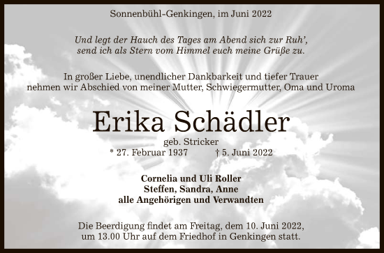 Anzeige von Erika Schädler von Reutlinger General-Anzeiger