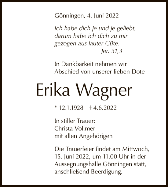 Anzeige von Erika Wagner von Reutlinger General-Anzeiger