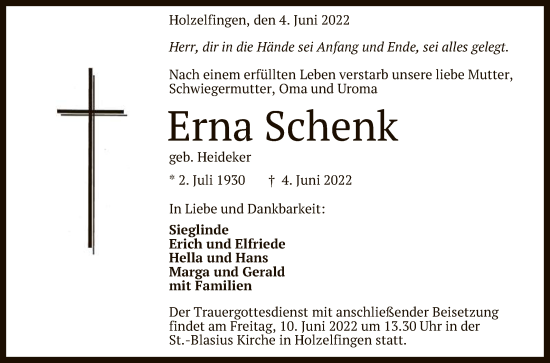 Anzeige von Erna Schenk von Reutlinger General-Anzeiger