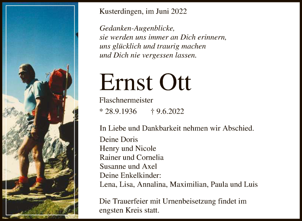  Traueranzeige für Ernst Ott vom 17.06.2022 aus Reutlinger General-Anzeiger