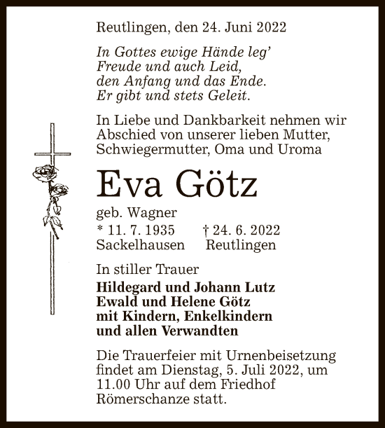 Anzeige von Eva Götz von Reutlinger General-Anzeiger