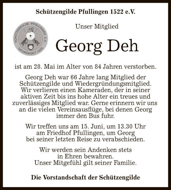 Anzeige von Georg Deh von Reutlinger General-Anzeiger