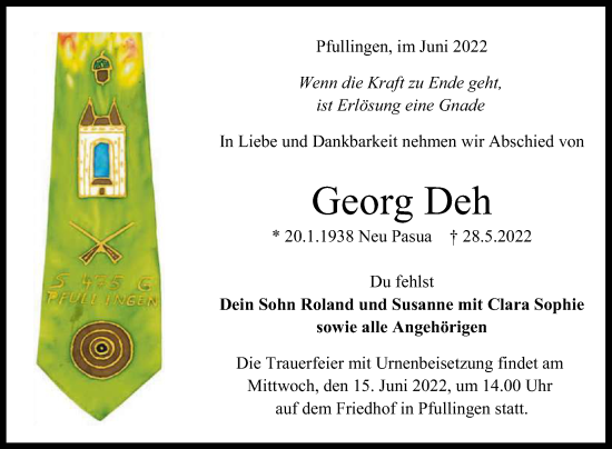 Anzeige von Georg Deh von Reutlinger General-Anzeiger