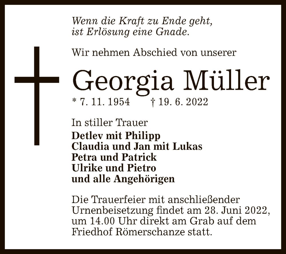  Traueranzeige für Georgia Müller vom 23.06.2022 aus Reutlinger General-Anzeiger
