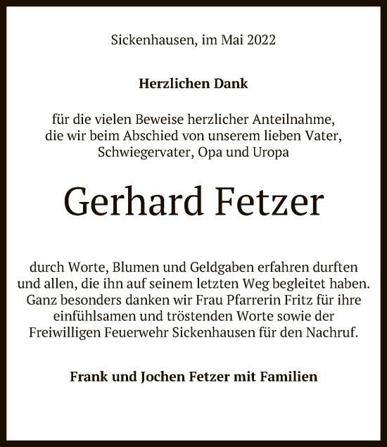 Anzeige von Gerhard Fetzer von Reutlinger General-Anzeiger