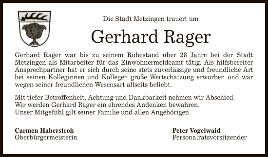 Anzeige von Gerhard Rager von Reutlinger General-Anzeiger