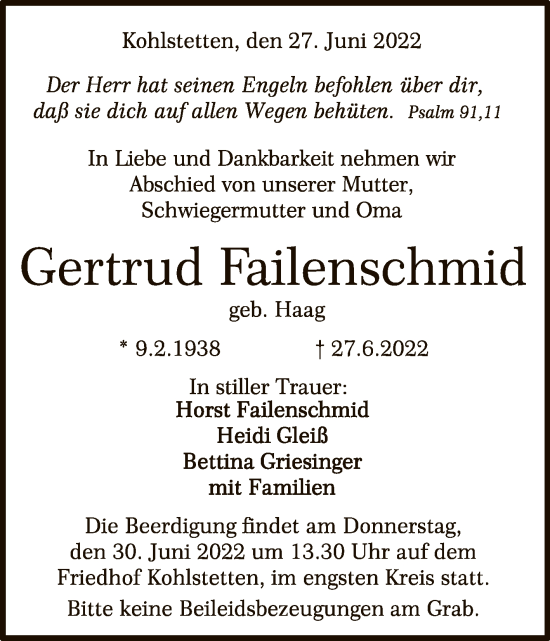 Anzeige von Gertrud Failenschmid von Reutlinger General-Anzeiger