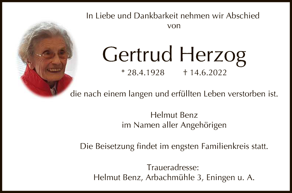  Traueranzeige für Gertrud Herzog vom 22.06.2022 aus Reutlinger General-Anzeiger