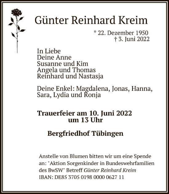 Anzeige von Günter Reinhard Kreim von Reutlinger General-Anzeiger