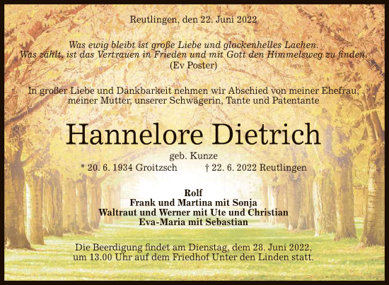 Anzeige von Hannelore Dietrich von Reutlinger General-Anzeiger