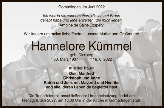 Anzeige von Hannelore Kümmel von Reutlinger General-Anzeiger