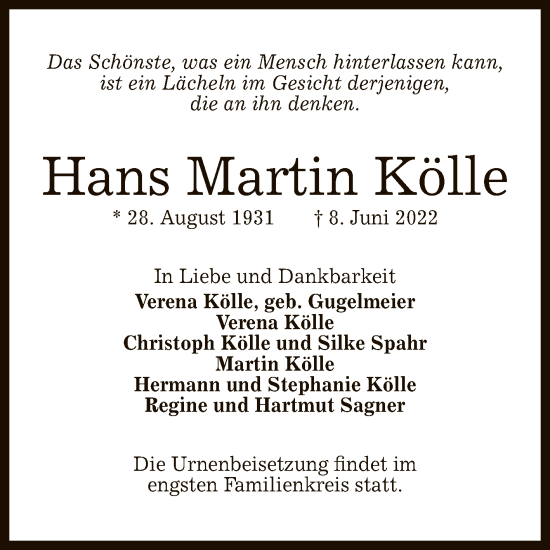 Anzeige von Hans Martin Kölle von Reutlinger General-Anzeiger