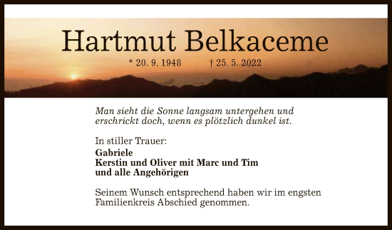 Anzeige von Hartmut Belkaceme von Reutlinger General-Anzeiger