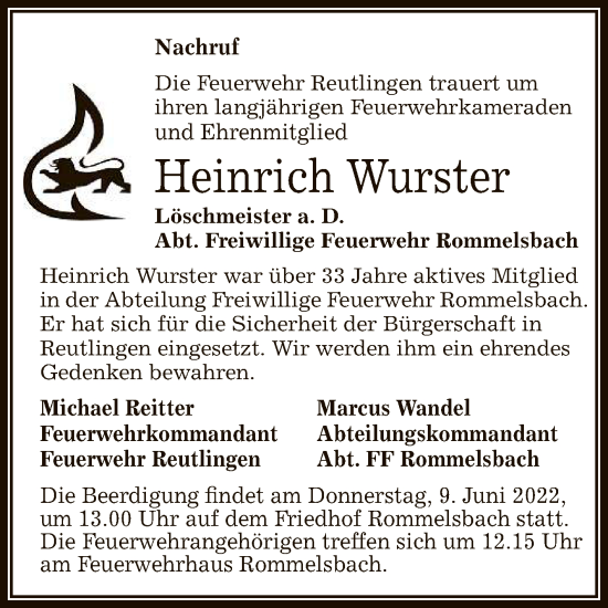 Anzeige von Heinrich Wurster von Reutlinger General-Anzeiger