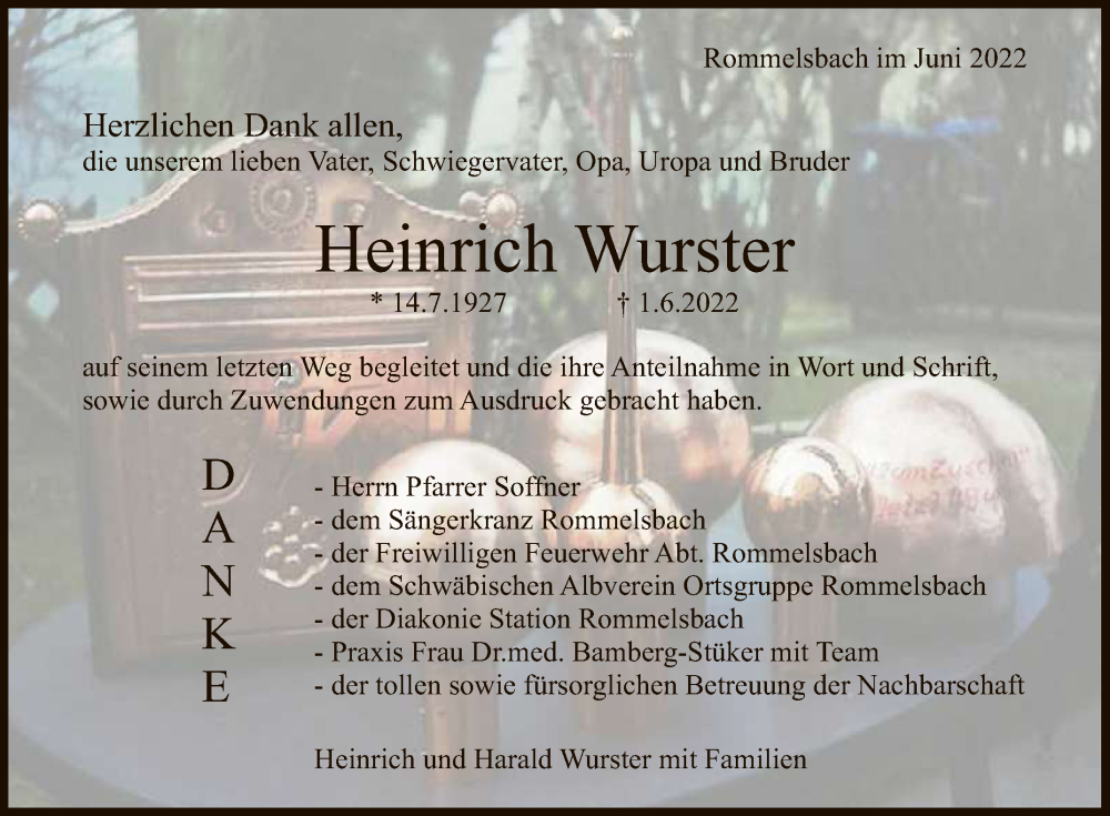  Traueranzeige für Heinrich Wurster vom 25.06.2022 aus Reutlinger General-Anzeiger