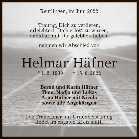 Anzeige von Helmar Häfner von Reutlinger General-Anzeiger