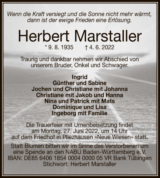 Anzeige von Herbert Marstaller von Reutlinger General-Anzeiger
