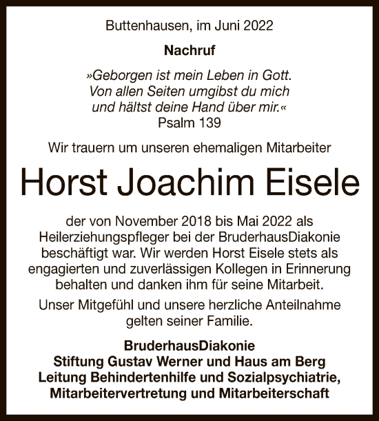 Anzeige von Horst Joachim Eisele von Reutlinger General-Anzeiger