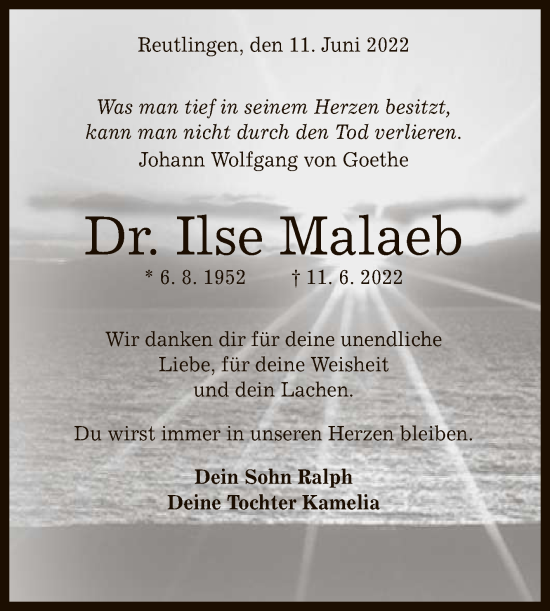 Anzeige von Ilse Malaeb von Reutlinger General-Anzeiger