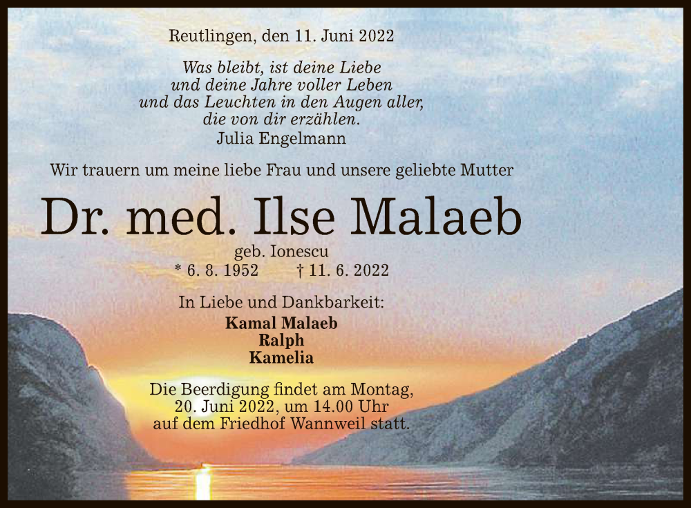  Traueranzeige für Ilse Malaeb vom 15.06.2022 aus Reutlinger General-Anzeiger