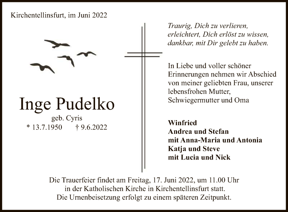  Traueranzeige für Inge Pudelko vom 14.06.2022 aus Reutlinger General-Anzeiger