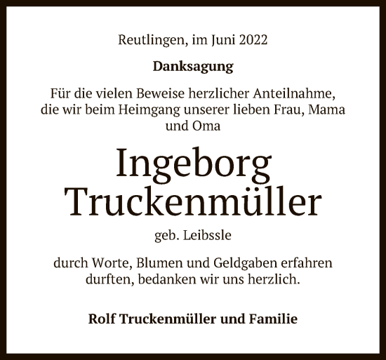 Anzeige von Ingeborg Truckenmüller von Reutlinger General-Anzeiger