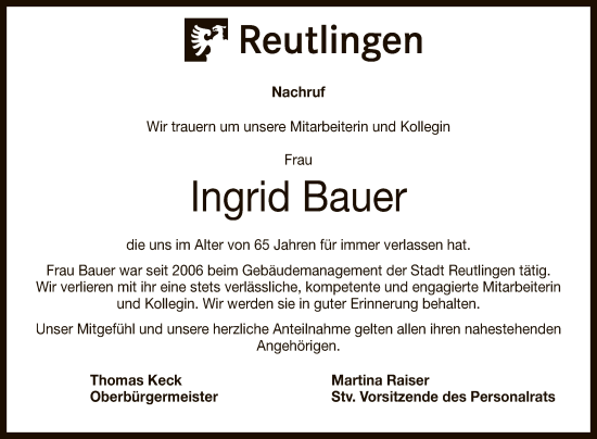 Anzeige von Ingrid Bauer von Reutlinger General-Anzeiger