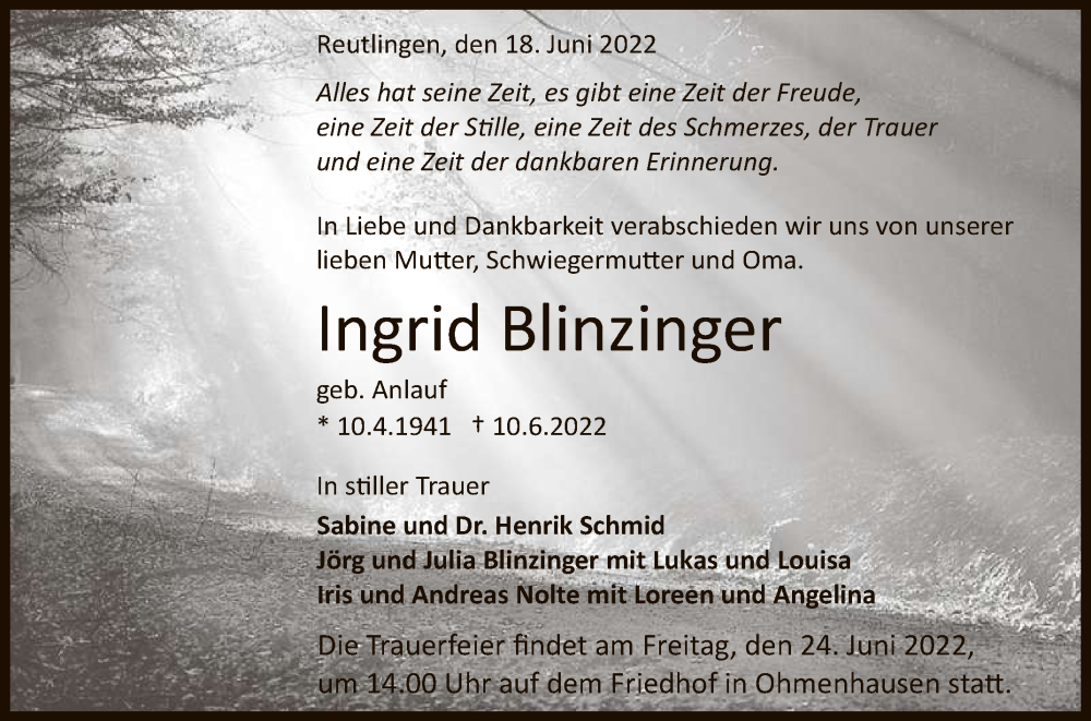  Traueranzeige für Ingrid Blinzinger vom 18.06.2022 aus Reutlinger General-Anzeiger