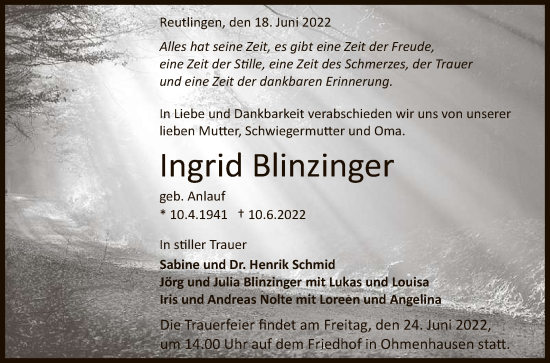 Anzeige von Ingrid Blinzinger von Reutlinger General-Anzeiger