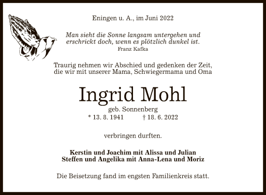 Anzeige von Ingrid Mohl von Reutlinger General-Anzeiger
