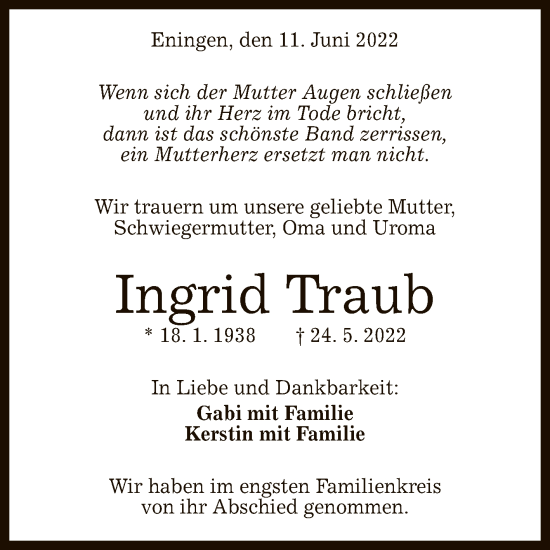 Anzeige von Ingrid Traub von Reutlinger General-Anzeiger