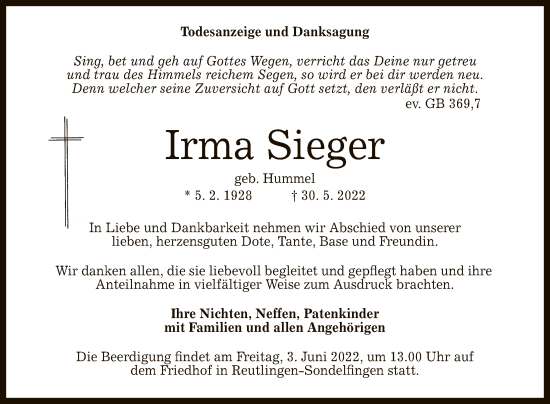 Anzeige von Irma Sieger von Reutlinger General-Anzeiger