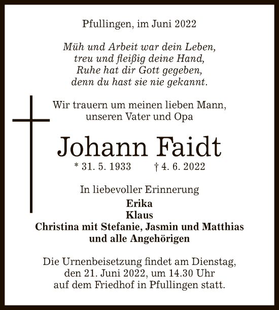 Anzeige von Johann Faidt von Reutlinger General-Anzeiger