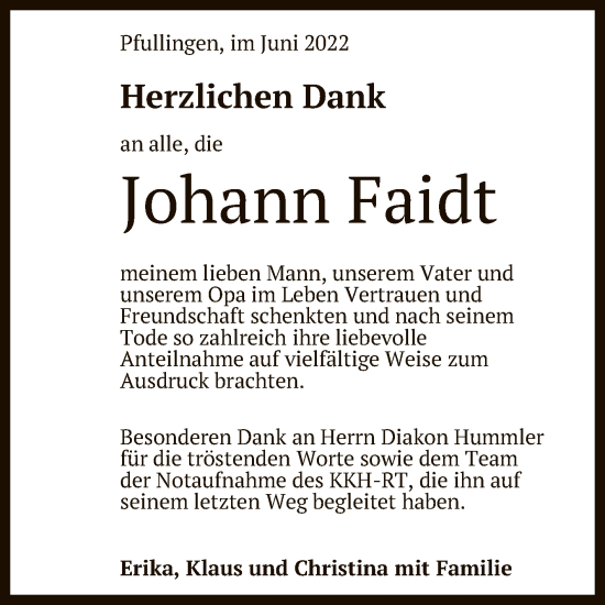 Anzeige von Johann Faidt von Reutlinger General-Anzeiger