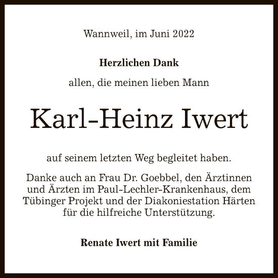 Anzeige von Karl-Heinz Iwert von Reutlinger General-Anzeiger