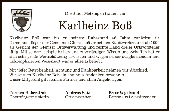 Anzeige von Karlheinz Boß von Reutlinger General-Anzeiger